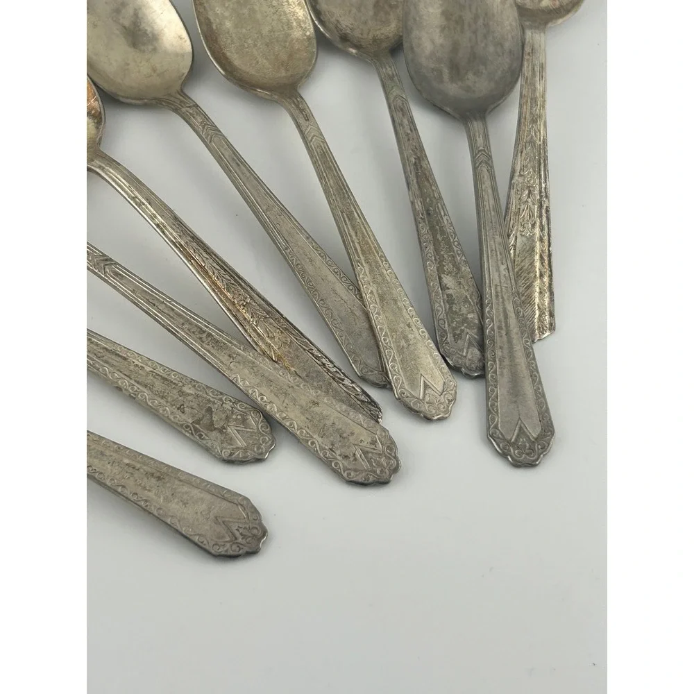 Set of‎ 9 Vintage EPNS Spoons Ornate Handle Tarnished Silverware Flatware